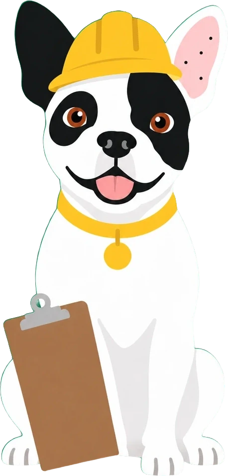 Bandit the French bulldog in a yellow hard hat, holding a clipboard