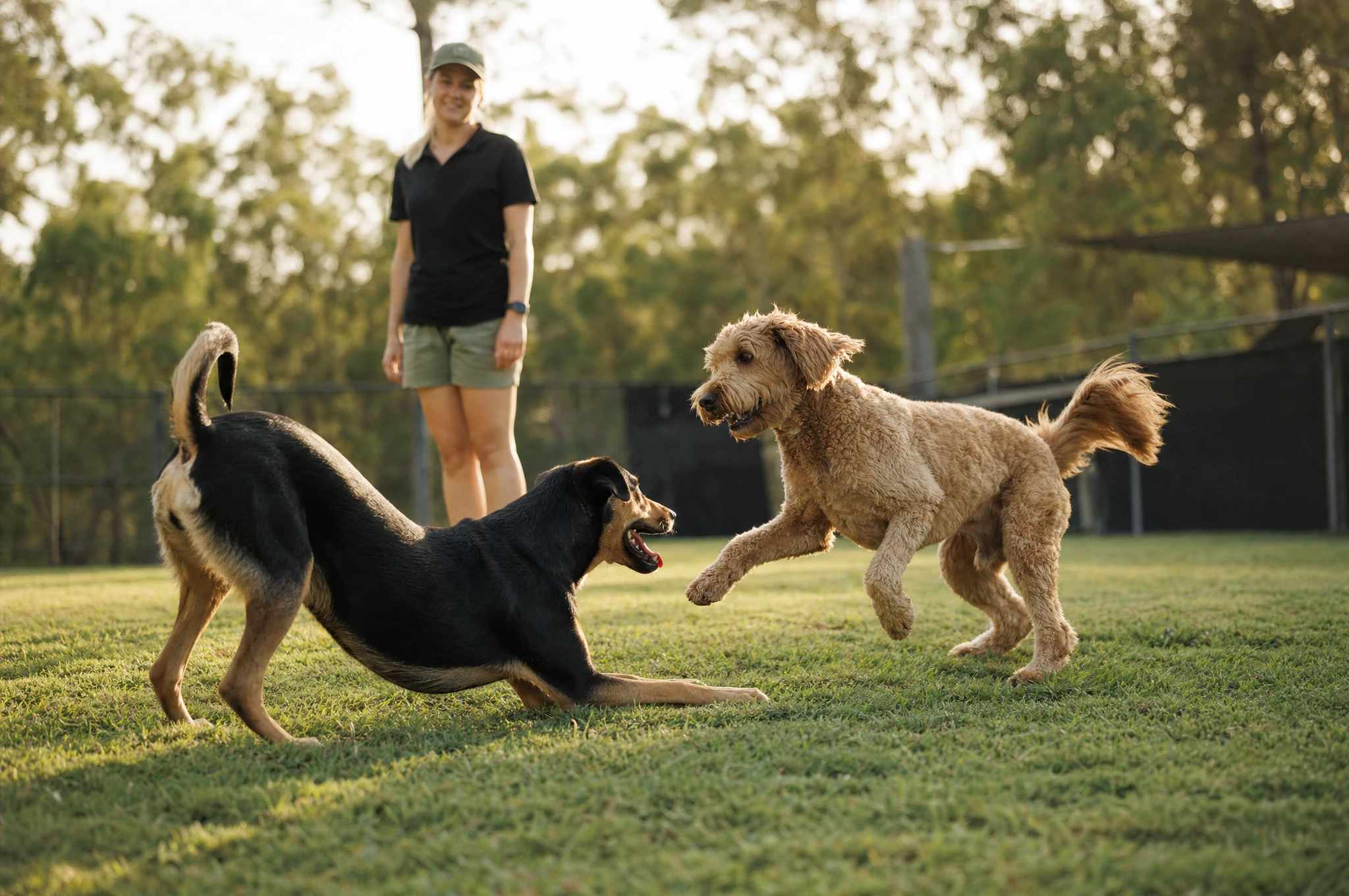 A handler watching two dogs play in a daycare yard